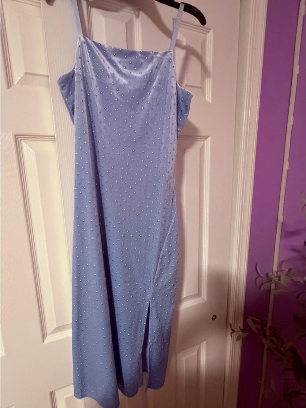 love, Fire Light Blue Pearl-Studded Spaghetti Strap Midi Dress